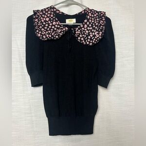 Maeve Anthropologie Peasant Floral Collar Black Knit Shirt